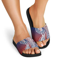 Hawaiian Manta Ray and Hammerhead Shark Tribal Tattoo Slide Sandals with Polynesian Tribal Pattern Hawaii Flag Color