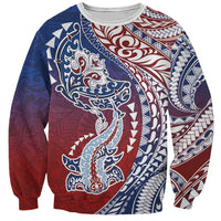 Hawaiian Manta Ray and Hammerhead Shark Tribal Tattoo Sweatshirt with Polynesian Tribal Pattern Hawaii Flag Color