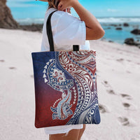 Hawaiian Manta Ray and Hammerhead Shark Tribal Tattoo Tote Bag with Polynesian Tribal Pattern Hawaii Flag Color