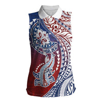 Hawaiian Manta Ray and Hammerhead Shark Tribal Tattoo Women Sleeveless Polo Shirt with Polynesian Tribal Pattern Hawaii Flag Color