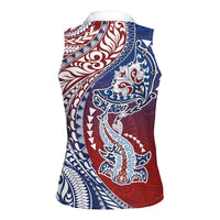 Hawaiian Manta Ray and Hammerhead Shark Tribal Tattoo Women Sleeveless Polo Shirt with Polynesian Tribal Pattern Hawaii Flag Color