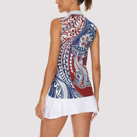 Hawaiian Manta Ray and Hammerhead Shark Tribal Tattoo Women Sleeveless Polo Shirt with Polynesian Tribal Pattern Hawaii Flag Color