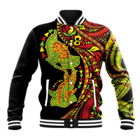 Hawaiian Manta Ray and Hammerhead Shark Tribal Tattoo Baseball Jacket with Polynesian Tribal Pattern Kanaka Maoli Flag Color