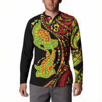 Hawaiian Manta Ray and Hammerhead Shark Tribal Tattoo Button Sweatshirt with Polynesian Tribal Pattern Kanaka Maoli Flag Color