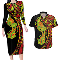 Hawaiian Manta Ray and Hammerhead Shark Tribal Tattoo Couples Matching Long Sleeve Bodycon Dress and Hawaiian Shirt with Polynesian Tribal Pattern Kanaka Maoli Flag Color