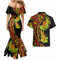 Hawaiian Manta Ray and Hammerhead Shark Tribal Tattoo Couples Matching Mermaid Dress and Hawaiian Shirt with Polynesian Tribal Pattern Kanaka Maoli Flag Color