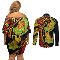 Hawaiian Manta Ray and Hammerhead Shark Tribal Tattoo Couples Matching Off Shoulder Short Dress and Long Sleeve Button Shirt with Polynesian Tribal Pattern Kanaka Maoli Flag Color