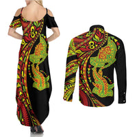 Hawaiian Manta Ray and Hammerhead Shark Tribal Tattoo Couples Matching Summer Maxi Dress and Long Sleeve Button Shirt with Polynesian Tribal Pattern Kanaka Maoli Flag Color