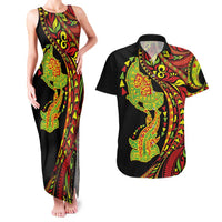Hawaiian Manta Ray and Hammerhead Shark Tribal Tattoo Couples Matching Tank Maxi Dress and Hawaiian Shirt with Polynesian Tribal Pattern Kanaka Maoli Flag Color