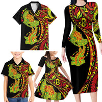 Hawaiian Manta Ray and Hammerhead Shark Tribal Tattoo Family Matching Long Sleeve Bodycon Dress and Hawaiian Shirt with Polynesian Tribal Pattern Kanaka Maoli Flag Color