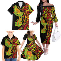 Hawaiian Manta Ray and Hammerhead Shark Tribal Tattoo Family Matching Off The Shoulder Long Sleeve Dress and Hawaiian Shirt with Polynesian Tribal Pattern Kanaka Maoli Flag Color