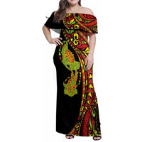 Hawaiian Manta Ray and Hammerhead Shark Tribal Tattoo Family Matching Off Shoulder Maxi Dress and Hawaiian Shirt with Polynesian Tribal Pattern Kanaka Maoli Flag Color