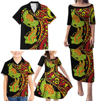 Hawaiian Manta Ray and Hammerhead Shark Tribal Tattoo Family Matching Puletasi and Hawaiian Shirt with Polynesian Tribal Pattern Kanaka Maoli Flag Color
