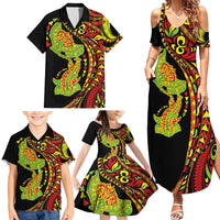 Hawaiian Manta Ray and Hammerhead Shark Tribal Tattoo Family Matching Summer Maxi Dress and Hawaiian Shirt with Polynesian Tribal Pattern Kanaka Maoli Flag Color
