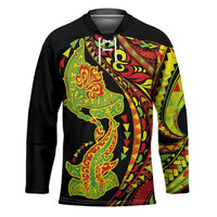 Hawaiian Manta Ray and Hammerhead Shark Tribal Tattoo Hockey Jersey with Polynesian Tribal Pattern Kanaka Maoli Flag Color