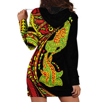 Hawaiian Manta Ray and Hammerhead Shark Tribal Tattoo Hoodie Dress with Polynesian Tribal Pattern Kanaka Maoli Flag Color