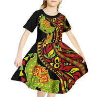 Hawaiian Manta Ray and Hammerhead Shark Tribal Tattoo Kid Short Sleeve Dress with Polynesian Tribal Pattern Kanaka Maoli Flag Color