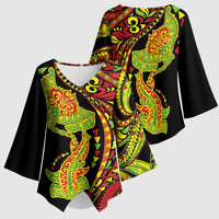 Hawaiian Manta Ray and Hammerhead Shark Tribal Tattoo Kimono Sleeve Blouse with Polynesian Tribal Pattern Kanaka Maoli Flag Color