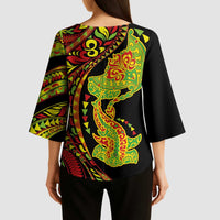 Hawaiian Manta Ray and Hammerhead Shark Tribal Tattoo Kimono Sleeve Blouse with Polynesian Tribal Pattern Kanaka Maoli Flag Color
