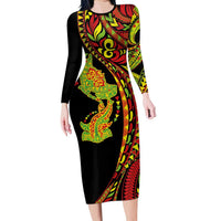 Hawaiian Manta Ray and Hammerhead Shark Tribal Tattoo Long Sleeve Bodycon Dress with Polynesian Tribal Pattern Kanaka Maoli Flag Color