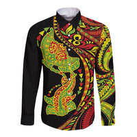 Hawaiian Manta Ray and Hammerhead Shark Tribal Tattoo Long Sleeve Button Shirt with Polynesian Tribal Pattern Kanaka Maoli Flag Color