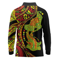 Hawaiian Manta Ray and Hammerhead Shark Tribal Tattoo Long Sleeve Polo Shirt with Polynesian Tribal Pattern Kanaka Maoli Flag Color