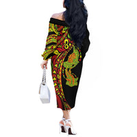 Hawaiian Manta Ray and Hammerhead Shark Tribal Tattoo Off The Shoulder Long Sleeve Dress with Polynesian Tribal Pattern Kanaka Maoli Flag Color