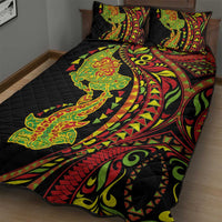 Hawaiian Manta Ray and Hammerhead Shark Tribal Tattoo Quilt Bed Set with Polynesian Tribal Pattern Kanaka Maoli Flag Color