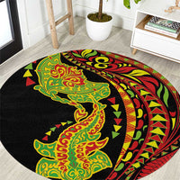Hawaiian Manta Ray and Hammerhead Shark Tribal Tattoo Round Carpet with Polynesian Tribal Pattern Kanaka Maoli Flag Color