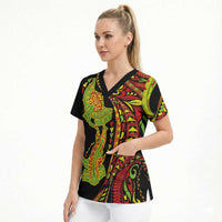 Hawaiian Manta Ray and Hammerhead Shark Tribal Tattoo Scrub Top with Polynesian Tribal Pattern Kanaka Maoli Flag Color