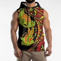 Hawaiian Manta Ray and Hammerhead Shark Tribal Tattoo Sleeveless Hoodie with Polynesian Tribal Pattern Kanaka Maoli Flag Color