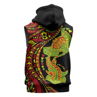 Hawaiian Manta Ray and Hammerhead Shark Tribal Tattoo Sleeveless Zip Hoodie with Polynesian Tribal Pattern Kanaka Maoli Flag Color
