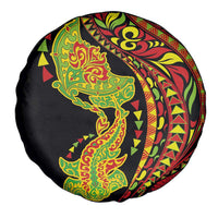 Hawaiian Manta Ray and Hammerhead Shark Tribal Tattoo Spare Tire Cover with Polynesian Tribal Pattern Kanaka Maoli Flag Color