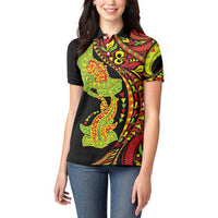 Hawaiian Manta Ray and Hammerhead Shark Tribal Tattoo Women Polo Shirt with Polynesian Tribal Pattern Kanaka Maoli Flag Color