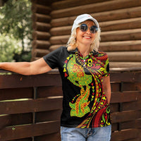 Hawaiian Manta Ray and Hammerhead Shark Tribal Tattoo Women Polo Shirt with Polynesian Tribal Pattern Kanaka Maoli Flag Color