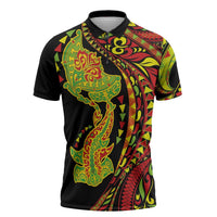 Hawaiian Manta Ray and Hammerhead Shark Tribal Tattoo Zipper Polo Shirt with Polynesian Tribal Pattern Kanaka Maoli Flag Color