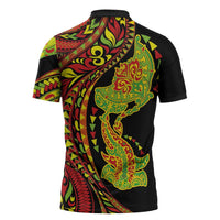 Hawaiian Manta Ray and Hammerhead Shark Tribal Tattoo Zipper Polo Shirt with Polynesian Tribal Pattern Kanaka Maoli Flag Color