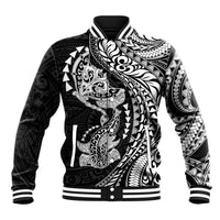 Hawaiian Manta Ray and Hammerhead Shark Tribal Tattoo Baseball Jacket with Polynesian Tribal Pattern Black-White Color