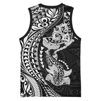 Hawaiian Manta Ray and Hammerhead Shark Tribal Tattoo Basketball Jersey with Polynesian Tribal Pattern Black-White Color