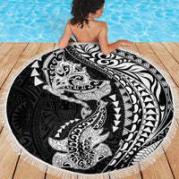 Hawaiian Manta Ray and Hammerhead Shark Tribal Tattoo Beach Blanket with Polynesian Tribal Pattern Black-White Color LT03 - Polynesian Pride