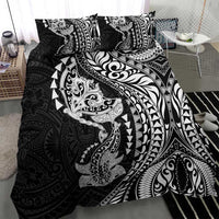 Hawaiian Manta Ray and Hammerhead Shark Tribal Tattoo Bedding Set with Polynesian Tribal Pattern Black-White Color