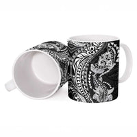 Hawaiian Manta Ray and Hammerhead Shark Tribal Tattoo Ceramic Mug with Polynesian Tribal Pattern Black-White Color