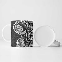 Hawaiian Manta Ray and Hammerhead Shark Tribal Tattoo Ceramic Mug with Polynesian Tribal Pattern Black-White Color