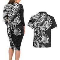Hawaiian Manta Ray and Hammerhead Shark Tribal Tattoo Couples Matching Long Sleeve Bodycon Dress and Hawaiian Shirt with Polynesian Tribal Pattern Black-White Color