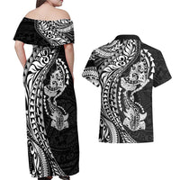 Hawaiian Manta Ray and Hammerhead Shark Tribal Tattoo Couples Matching Off Shoulder Maxi Dress and Hawaiian Shirt with Polynesian Tribal Pattern Black-White Color