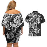 Hawaiian Manta Ray and Hammerhead Shark Tribal Tattoo Couples Matching Off Shoulder Short Dress and Hawaiian Shirt with Polynesian Tribal Pattern Black-White Color