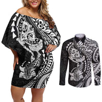 Hawaiian Manta Ray and Hammerhead Shark Tribal Tattoo Couples Matching Off Shoulder Short Dress and Long Sleeve Button Shirt with Polynesian Tribal Pattern Black-White Color