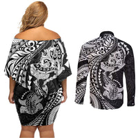 Hawaiian Manta Ray and Hammerhead Shark Tribal Tattoo Couples Matching Off Shoulder Short Dress and Long Sleeve Button Shirt with Polynesian Tribal Pattern Black-White Color