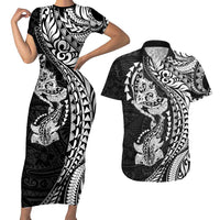 Hawaiian Manta Ray and Hammerhead Shark Tribal Tattoo Couples Matching Short Sleeve Bodycon Dress and Hawaiian Shirt with Polynesian Tribal Pattern Black-White Color