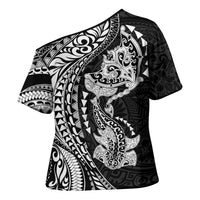 Hawaiian Manta Ray and Hammerhead Shark Tribal Tattoo Cross Shoulder Shirt with Polynesian Tribal Pattern Black-White Color